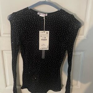 Zara Seamless Mesh Black Long Sleeve Top with Rhinestones